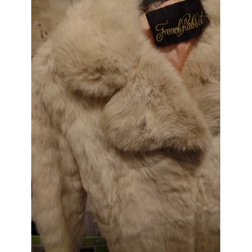 209 - VINTAGE LONG-LENGTH 'FRENCH RABBIT' WHITE RABBIT FUR COAT. SATIN LINED. WITH BELT. 10/12.