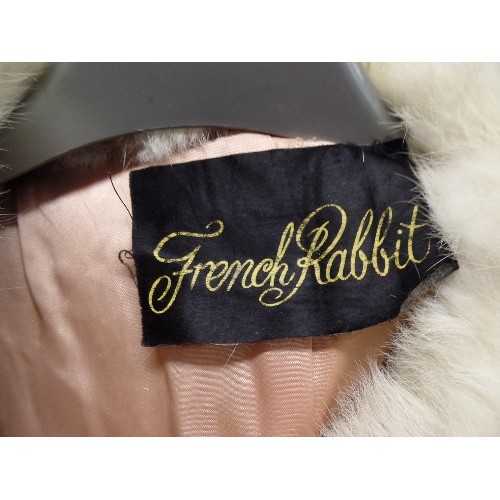 209 - VINTAGE LONG-LENGTH 'FRENCH RABBIT' WHITE RABBIT FUR COAT. SATIN LINED. WITH BELT. 10/12.