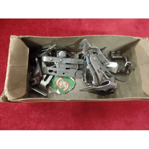 230 - VINTAGE 99K SINGER SEWING MACHINE ATTACHMENTS, IN CARDBOARD SINGER BOX.