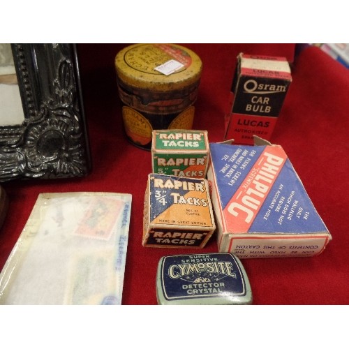 235 - COLLECTION OF VINTAGE TINS & BOXES, INC BASSETTS DOLLY MIXTURES, OSRAM CAR BULB, BEECHAMS PILLS, AND... 