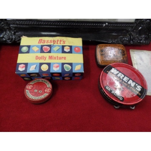 235 - COLLECTION OF VINTAGE TINS & BOXES, INC BASSETTS DOLLY MIXTURES, OSRAM CAR BULB, BEECHAMS PILLS, AND... 