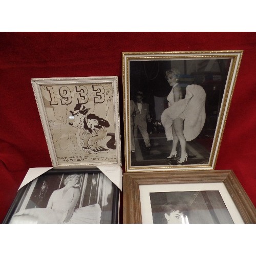 271 - MARILYN MONROE AND AUDREY HEPBURN PHOTOGRAPHS. FRAMED. ALSO A DISNEY 'BIG BAD WOLF' FRAMED PIC.