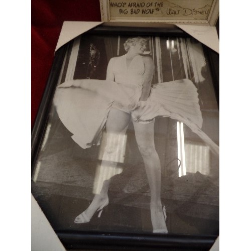 271 - MARILYN MONROE AND AUDREY HEPBURN PHOTOGRAPHS. FRAMED. ALSO A DISNEY 'BIG BAD WOLF' FRAMED PIC.