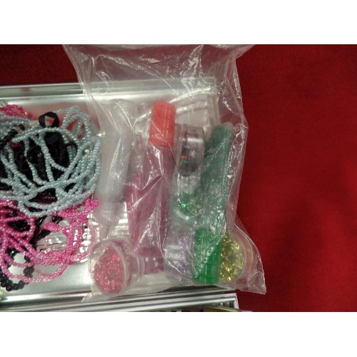 273 - TIN OF BEADCRAFT BEADS, GLITTER GLUE, BEAD STRINGS ETC.