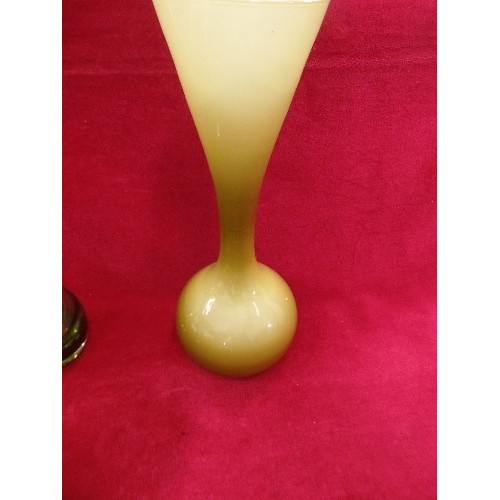 295 - LOVELY RETRO GLASS. INCLUDES A TALL OLIVE GREEN TRUMPET VASE, A CONICAL BROWN WITH HEAVY BASE, A SWI... 