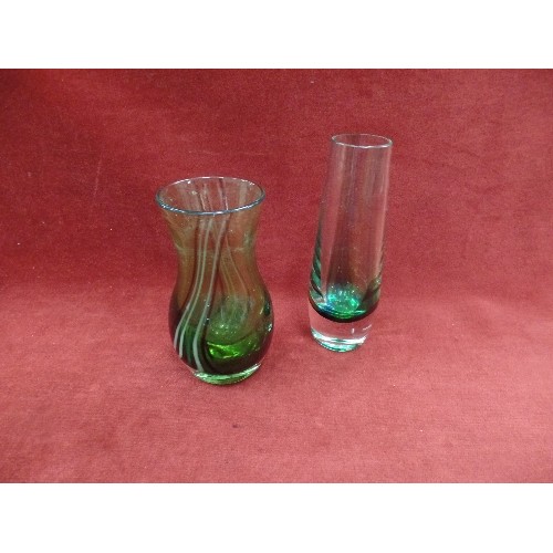 295 - LOVELY RETRO GLASS. INCLUDES A TALL OLIVE GREEN TRUMPET VASE, A CONICAL BROWN WITH HEAVY BASE, A SWI... 