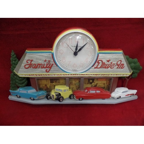 298 - 5 FABULOUSLY RETRO CLOCKS. INCLUDES A NEWHAVEN QUARTZ FAMILY DRIVE-IN, AMERICAN DINER WALL CLOCK. AN... 