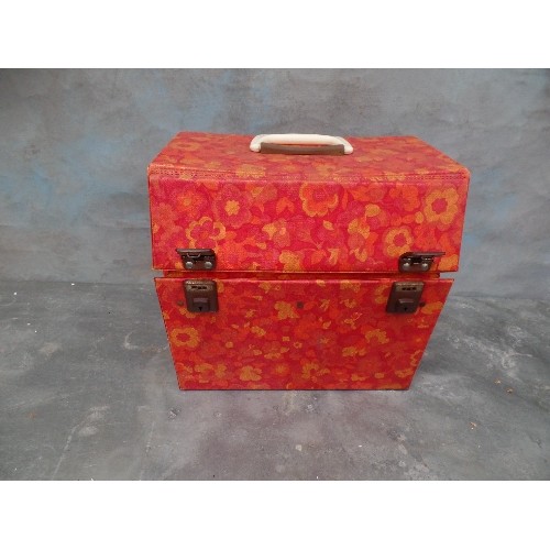 303 - SUPER-COOL ORANGE AND RED FLORAL VINYL COVERED LP CARRY-CASE WITH CREAM PLASTIC HANDLE.