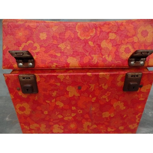 303 - SUPER-COOL ORANGE AND RED FLORAL VINYL COVERED LP CARRY-CASE WITH CREAM PLASTIC HANDLE.