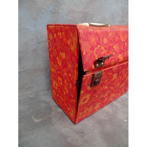 303 - SUPER-COOL ORANGE AND RED FLORAL VINYL COVERED LP CARRY-CASE WITH CREAM PLASTIC HANDLE.