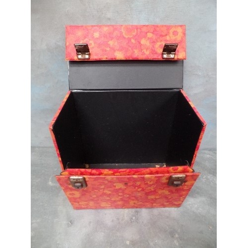 303 - SUPER-COOL ORANGE AND RED FLORAL VINYL COVERED LP CARRY-CASE WITH CREAM PLASTIC HANDLE.