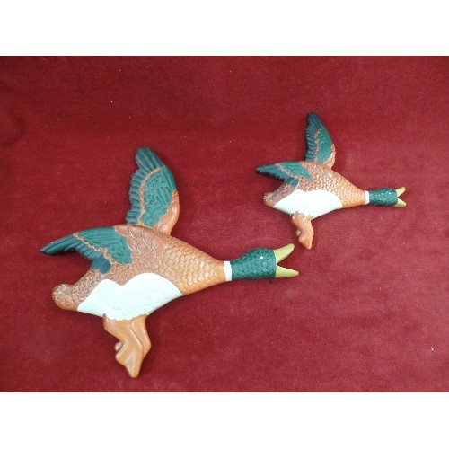 310 - 3 CERAMIC GRADUATED WALL DUCKS,  BY INTO DESIGN, BRIGHTON, ENGLAND  (WING TIP MISSING ON LARGE ONE)