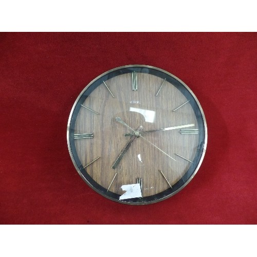 314 - METAMIC BATTERY ROUND WALL CLOCK WITH WOOD EFFECT FACE  AND GOLD LETTERING