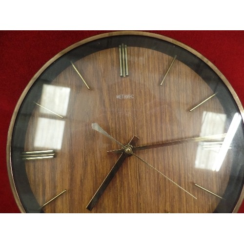 314 - METAMIC BATTERY ROUND WALL CLOCK WITH WOOD EFFECT FACE  AND GOLD LETTERING