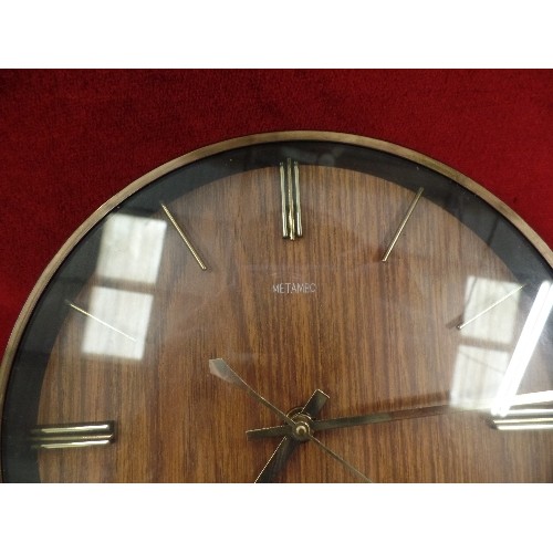 314 - METAMIC BATTERY ROUND WALL CLOCK WITH WOOD EFFECT FACE  AND GOLD LETTERING