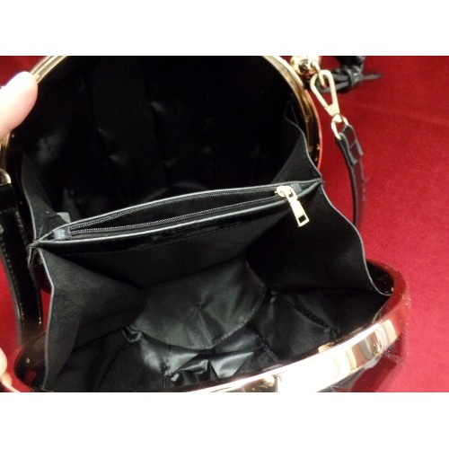 58 - BLACK PATENT LEATHER BALL HANDBAG, LARGE DIAMONTE CLASP, 2 FULLY MLINED COMPARTMENTS AND ADJUSTABLE ... 