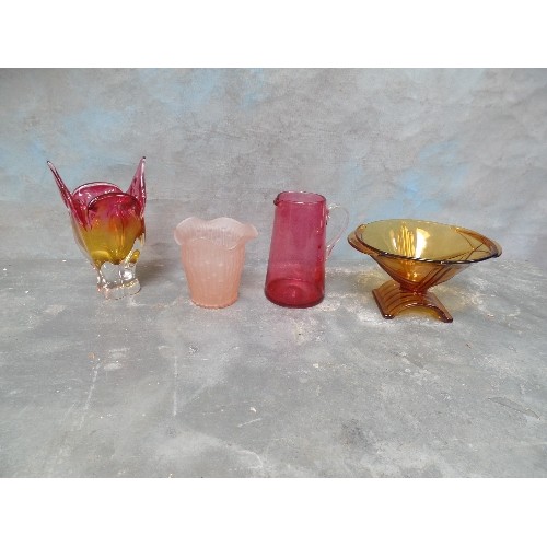 544 - 4 X STUNNING PIECES OF ART DECO GLASS - TO INCLUDE AN AMBER BOWL,  CRANBERRY JUG ETC