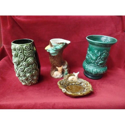 545 - 2 GREEN SYLVAC VASES, SYLVAC DISH WITH FAWN AND  FAUNA HORNSEA VASE