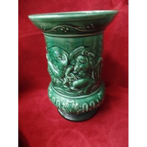 545 - 2 GREEN SYLVAC VASES, SYLVAC DISH WITH FAWN AND  FAUNA HORNSEA VASE