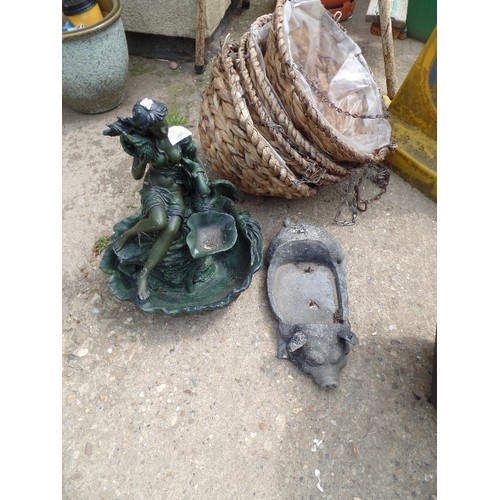 636 - LADY WATER FEATURE, 4 RATTAN HANGING BACKETS AND A METAL PIG BOOT SCRAPER