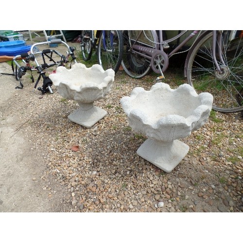 666 - PAIR OF LARGE CONCRETE GARDEN PLANTERS IN TURRET STYLE TOPS