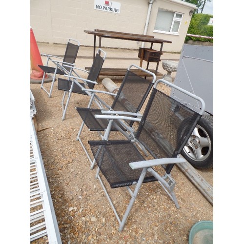 691 - 4 SILVER METAL FRAMED FOLDING GARDEN CHAIRS WITH BLACK SEATS