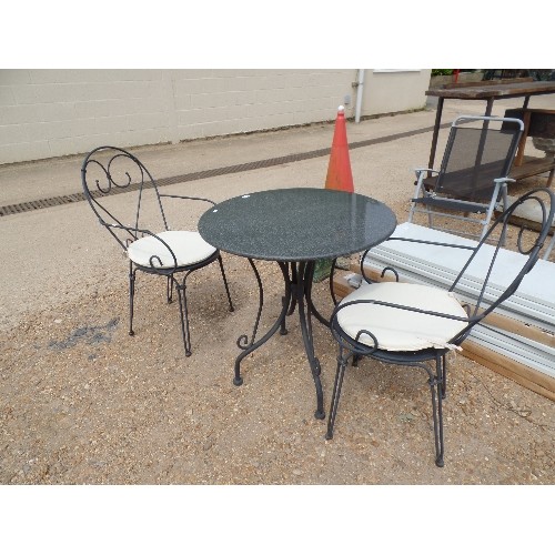 693 - WROUGHT IRON BISTRO SET, TABLE WITH GRANITE TOP