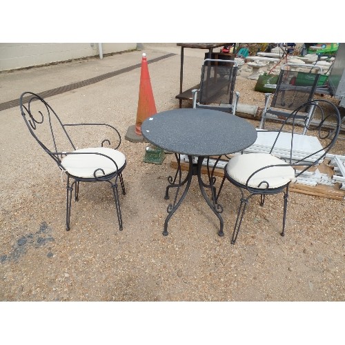 693 - WROUGHT IRON BISTRO SET, TABLE WITH GRANITE TOP