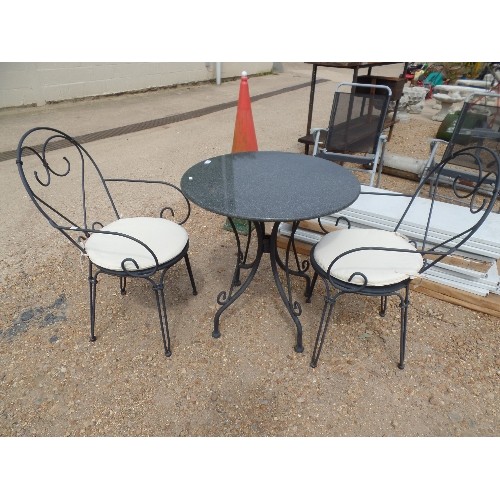 693 - WROUGHT IRON BISTRO SET, TABLE WITH GRANITE TOP