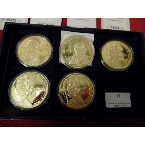 37 - SET OF 5 GOLD PLATED PORTRAITS OF THE QUEEN COIN COLLECTION WITH GENUINE GEMSTONE