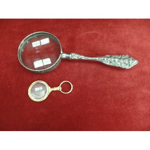 7 - SILVER METAL MAGNIFYING GLASS AND SMALL GOLD METAL MAGNIFYING GLASS