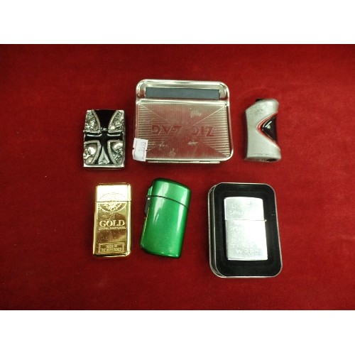 9 - ZIG ZAG TOBACCO ROLLER AND 5 GOOD QUALITY LIGHTERS- ZIPPO, GOLD BAR, WINDPROOF ETC