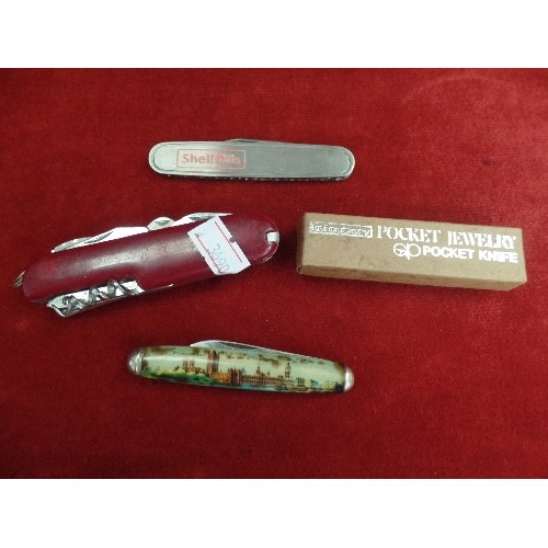 10 - SWISS ARMY STYLE KNIFE AND 3 POCKETS KNIVES - SHELL OILS, KAI CUTLERY WYLIE POCKET KNIFE IN BOX AND ... 