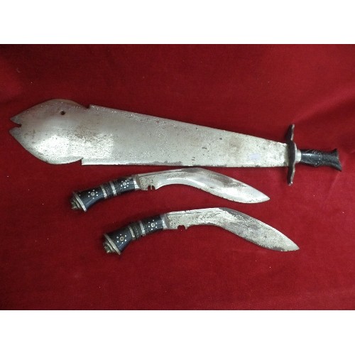 11 - PAIR OF GURKHA KNIVES MARKED INDIA AND A LARGE CERIMONIAL DAGGER