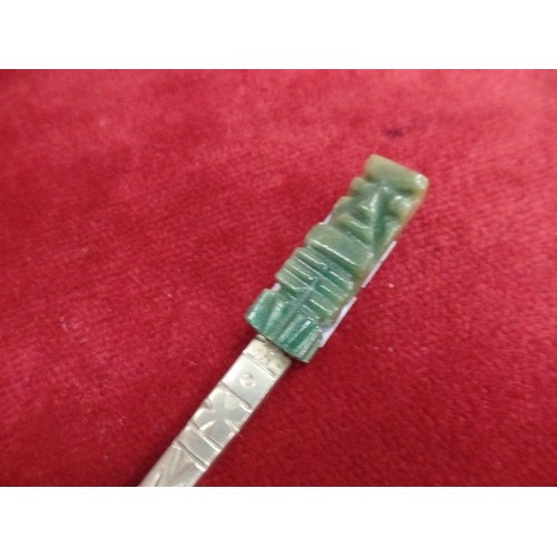 22 - MEXICAN ALPACA SILVER ANOINTING SPOON WITH JADE CARVED AZTEC FIGURE