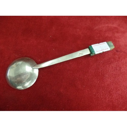 22 - MEXICAN ALPACA SILVER ANOINTING SPOON WITH JADE CARVED AZTEC FIGURE
