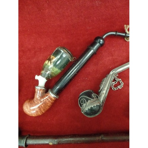 19 - 4 VINTAGE GERMAN SMOKING PIPES - LARGE MEERSCHAUM WITH SILVER METAL, 2 CERAMIC PIPES ( 1 WITH DAMAGE... 