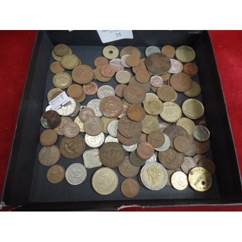 35 - BOX OF MIXED ENGLISH AND FOREIGN COINAGE