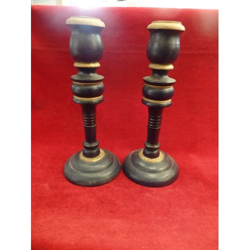 80 - PAIR OF WOODEN CANDLESTICKS PAINTED INK-BLUE AND GOLD