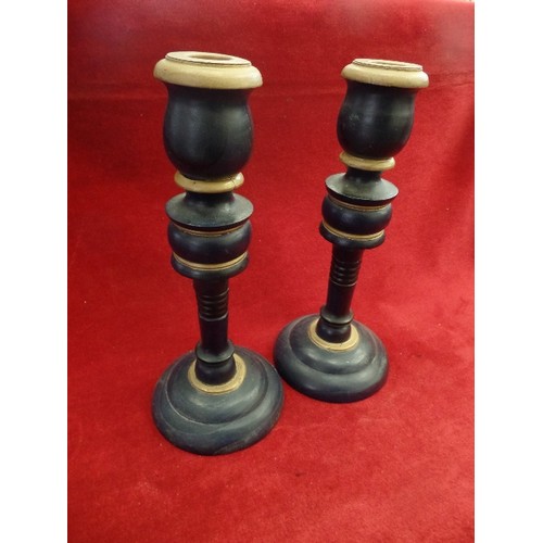 80 - PAIR OF WOODEN CANDLESTICKS PAINTED INK-BLUE AND GOLD