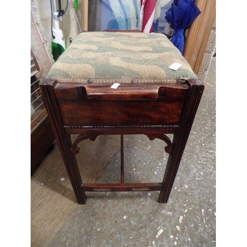 147 - VINTAGE PIANO STOOL. ATTRACTIVE FRAME. FABRIC A LITTLE TATTY.