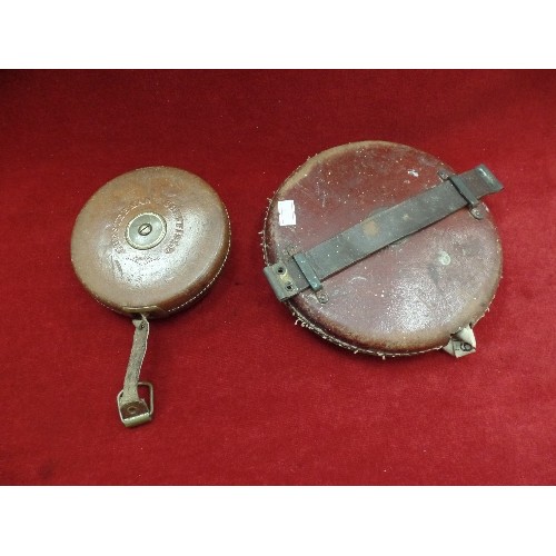 167 - 2 LEATHER COVERED VINTAGE CHESTERMAN TAPE MEASURES -  ONE LARGE, ONE MEDIUM SIZED