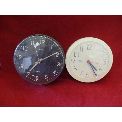 75 - 2 RETRO PLASTIC WALL CLOCKS, IN CREAM AND BROWN. A METAMEC AND A WESTCLOX.