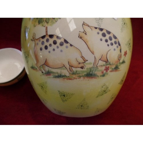 81 - LARGE STAFFORDSHIRE IRONSTONE 'GINGER JAR' DECORATED WITH PIGS AND SPONGE PATTERN.