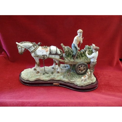 90 - LARGE DECORATIVE 'JULIANA COLLECTION' HAYWAIN ORNAMENT. HORSE, CART & PEOPLE. WOODEN BASE. RESIN