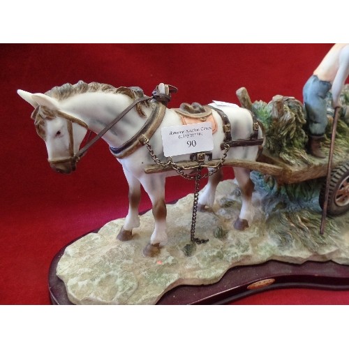 90 - LARGE DECORATIVE 'JULIANA COLLECTION' HAYWAIN ORNAMENT. HORSE, CART & PEOPLE. WOODEN BASE. RESIN