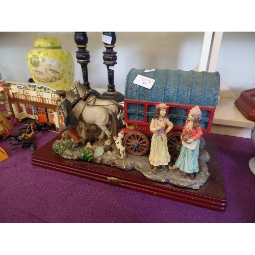 90 - LARGE DECORATIVE 'JULIANA COLLECTION' HAYWAIN ORNAMENT. HORSE, CART & PEOPLE. WOODEN BASE. RESIN