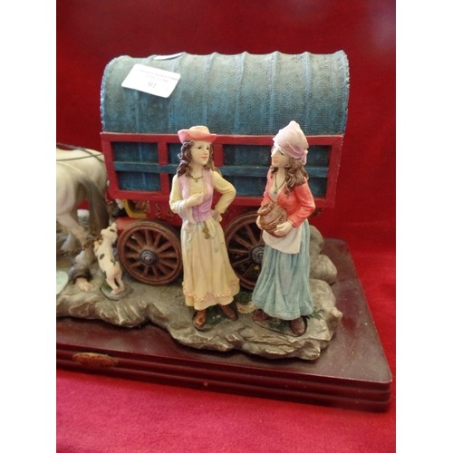 91 - LARGE DECORATIVE ROMANY BOW CARAVAN, WITH HORSES AND FIGURES. FROM THE 'ACADEMY COLECTION' ON WOODEN... 