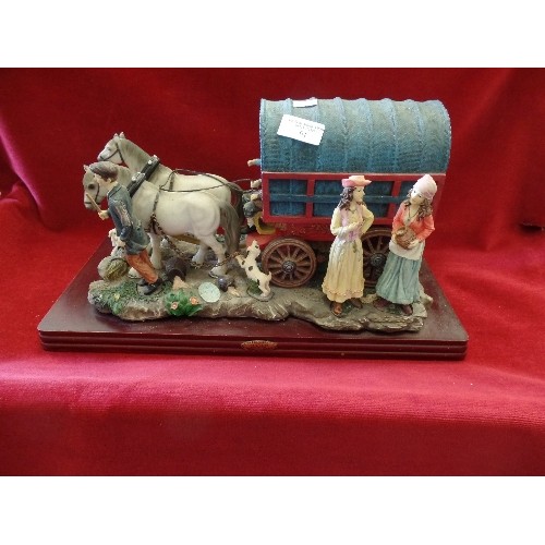 91 - LARGE DECORATIVE ROMANY BOW CARAVAN, WITH HORSES AND FIGURES. FROM THE 'ACADEMY COLECTION' ON WOODEN... 