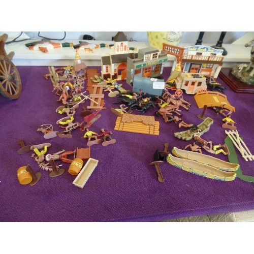 92 - 'COWBOYS AND INDIANS' QUANTITY OF PLASTIC FIGURES, ALSO BUILDINGS, INCLUDING THE SHERRIFS OFFICE, GO... 